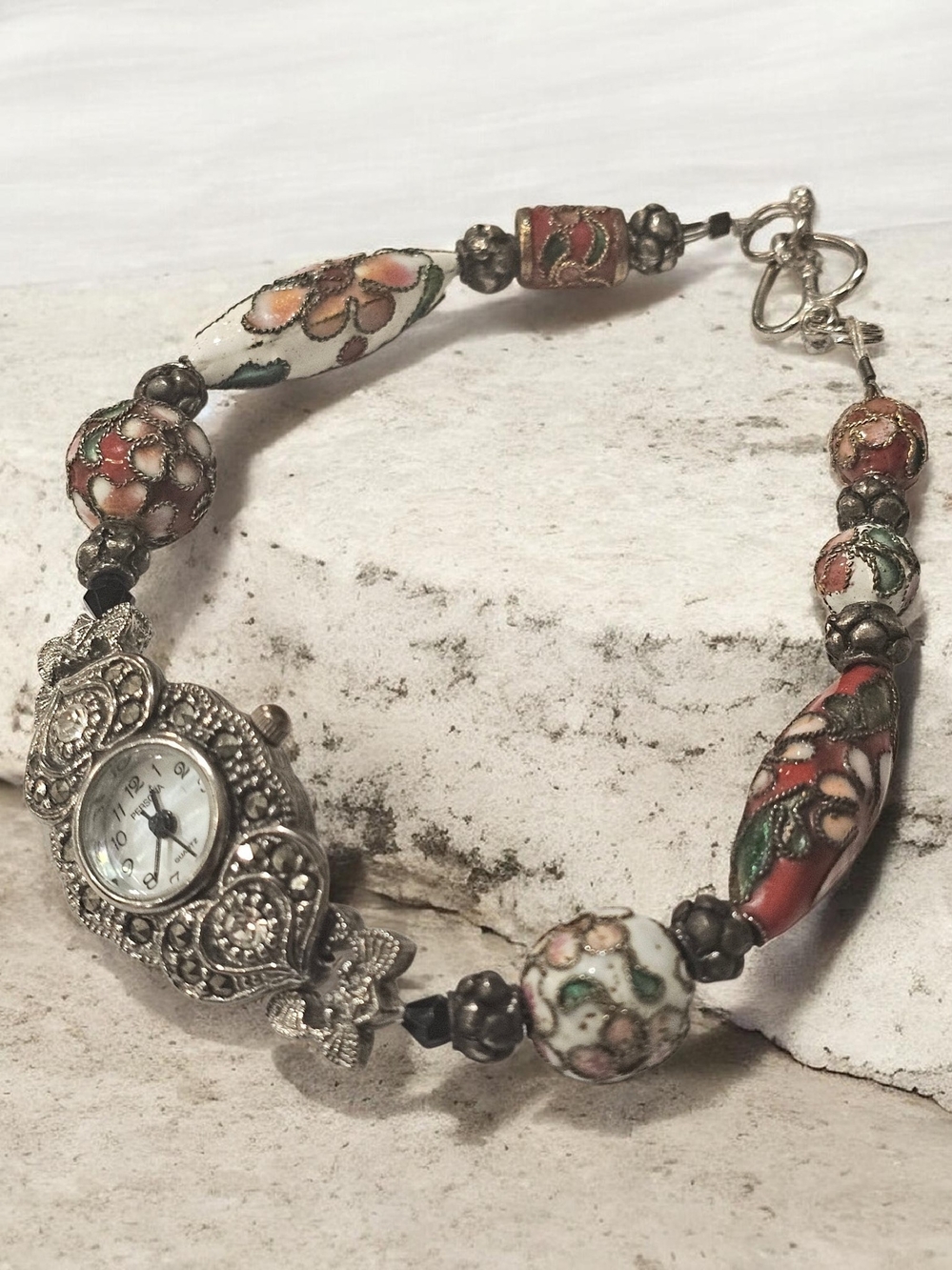 Persona Marcasite & Cloisonné Bead Bracelet Watch in White, Red, Green